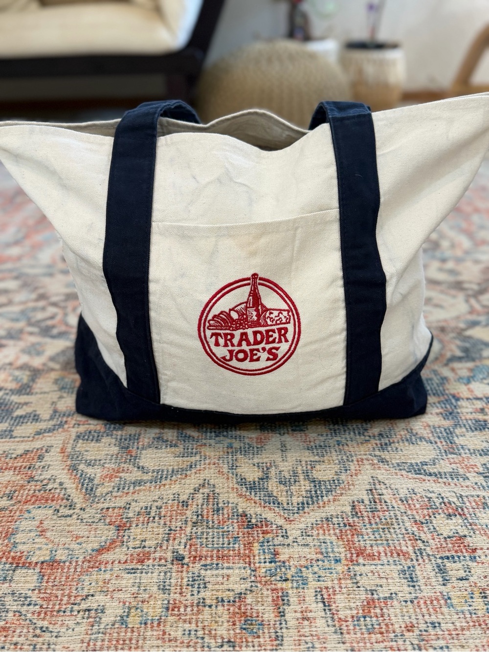 Trader Joe’s Large Canvas Tote Bag Navy Cream Red Logo Reusable Grocery